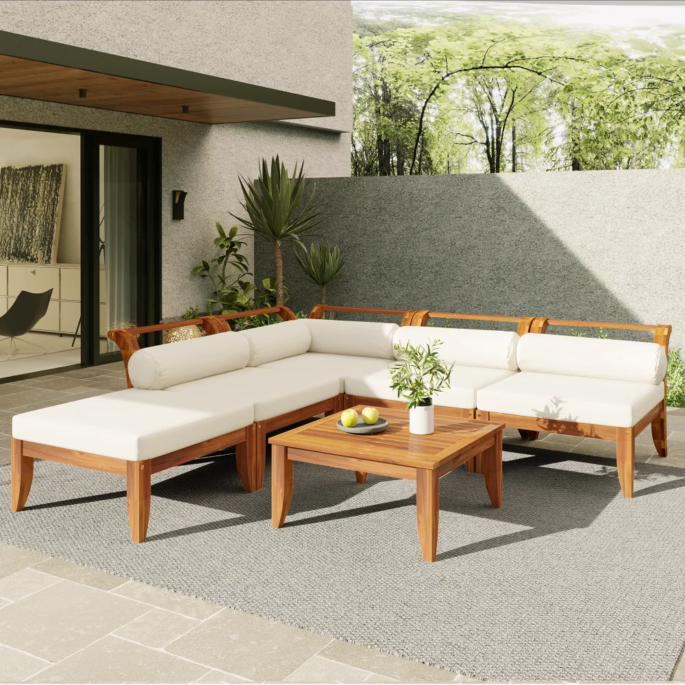 

TOPMAX 6-Piece Acacia Wood Outdoor Modular L-Shaped Sofa Set with Tea Table, Ottoman, Cushions&Pillows, Teak+Beige