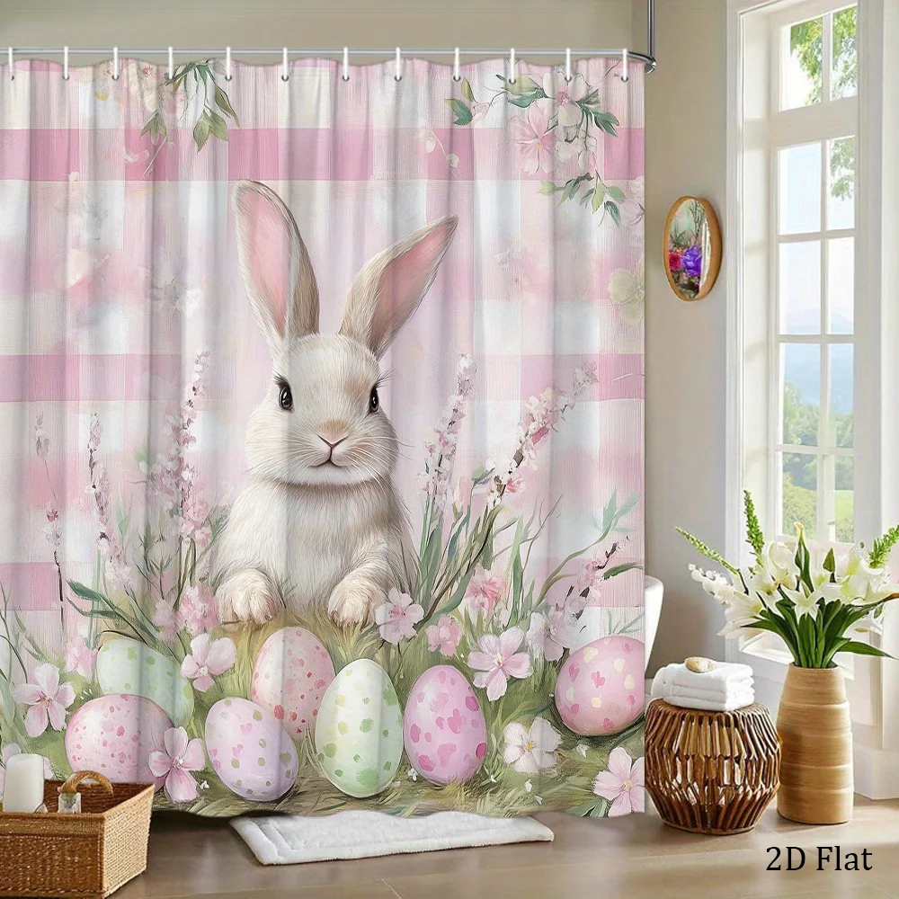 1pc Cute Bunny Shower Curtain, Easter Eggs Spring  Botanicals Fans Plaid Watercolor Modern Suitable for Home Hotel Room Decorati