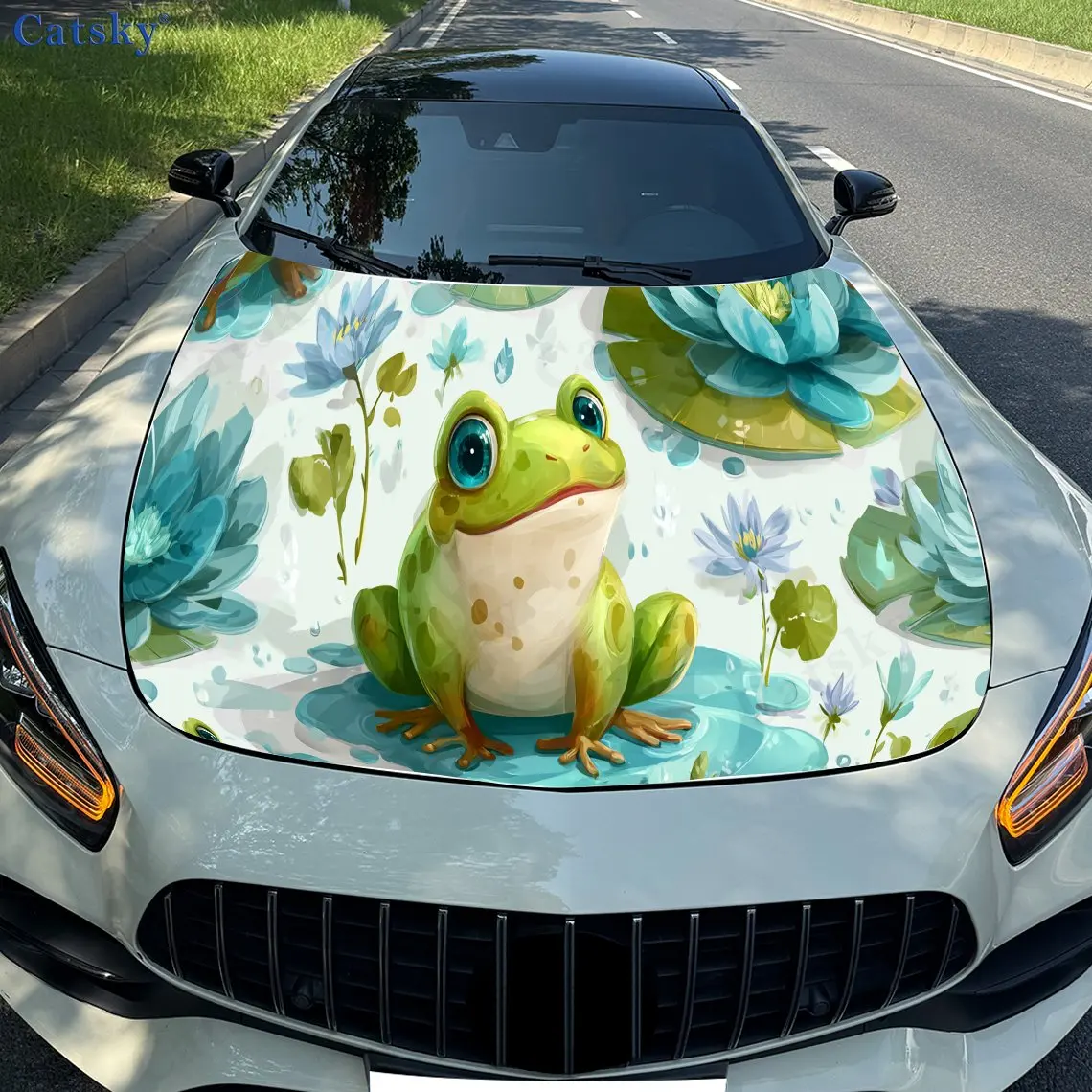 

Artistic Lotus Pond Cute Green Frog PVC Car Vinyl Wraps, Self-Adhesive Waterproof Car Hood Decal Sticker, Car Decoration Protect
