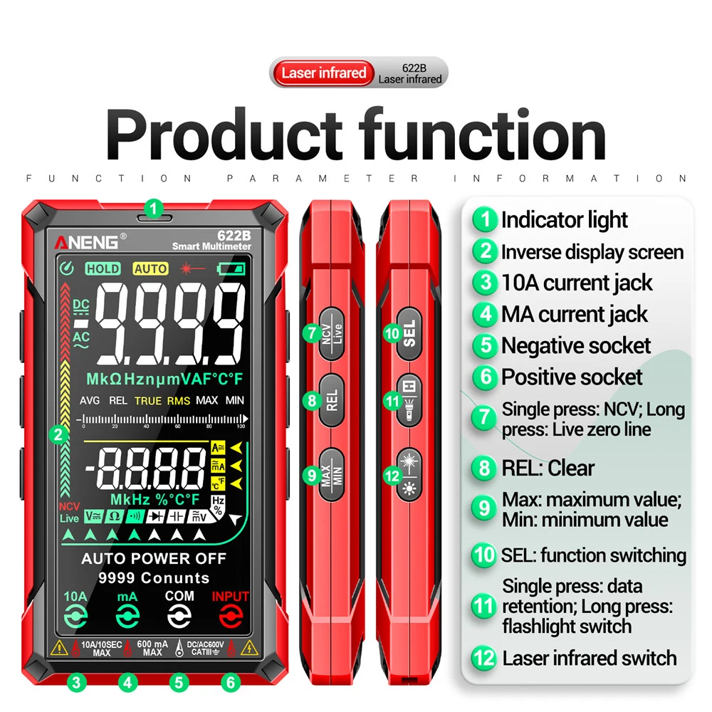 ANENG 622B DC/AC 9999 Digital Smart Multimeter 10A Tester Meter Auto Range True RMS Multitester With Laser Lamp Capacitance Ohm