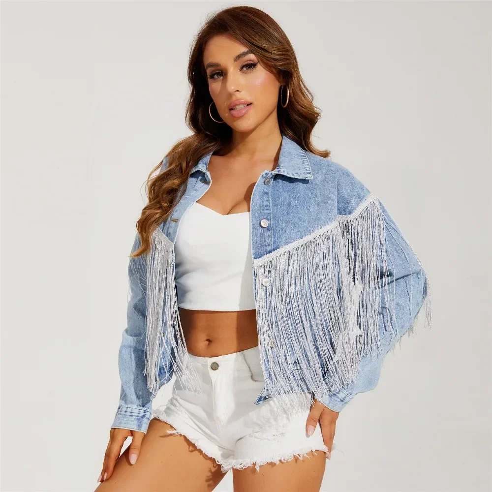 

2024 New Fashion Denim Jacket for Women Single Breasted Fringed Lapel Fried Denim Jacket Femininos Antumn Winter Tops Coat