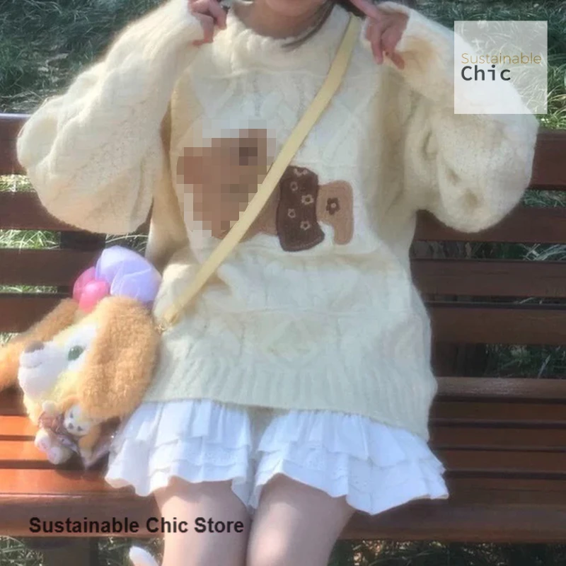 

Французский студенческий ветер, сладкий и милый пуловер с бантом и медведем, женский осенне-зимний ленивый свободный свитер с круглым вырезом