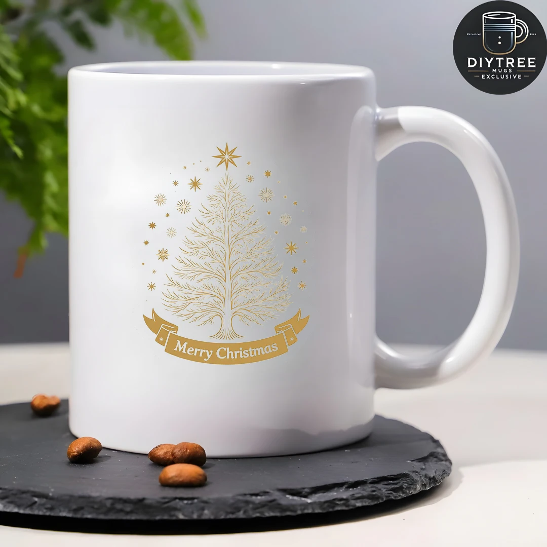 Taza de 11 oz + pegatina dorada de árbol de Navidad + Feliz Navidad + taza para niños, taza de café para oficina familiar, regalo de Navidad