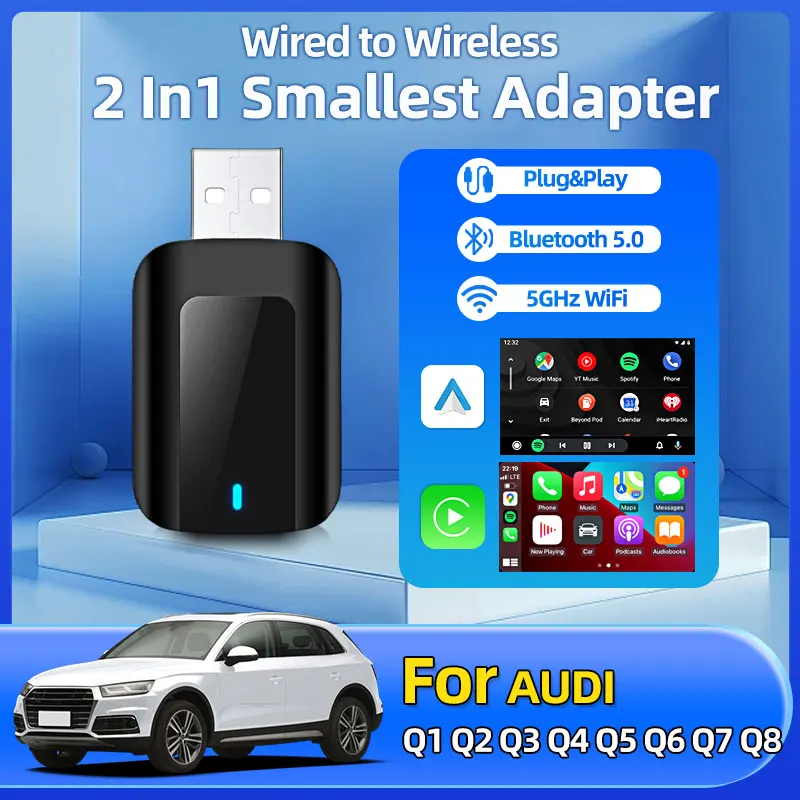 

Для Audi Q1 Q2 Q3 Q4 Q5 Q6 Q7 Q8 Проводной CarPlay to Wireless Dongle Plug Paly USB/Type-C Автомобильный адаптер 5 ГГц WiFi Plug and Play