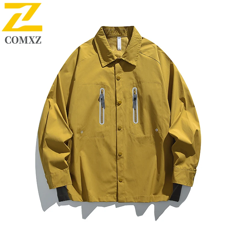 COMXZ Premium Men Jacket Classic Turndown Collar Outdoor Hiking Waterproof Durable Coat Autumn Lightweight Functional Garment