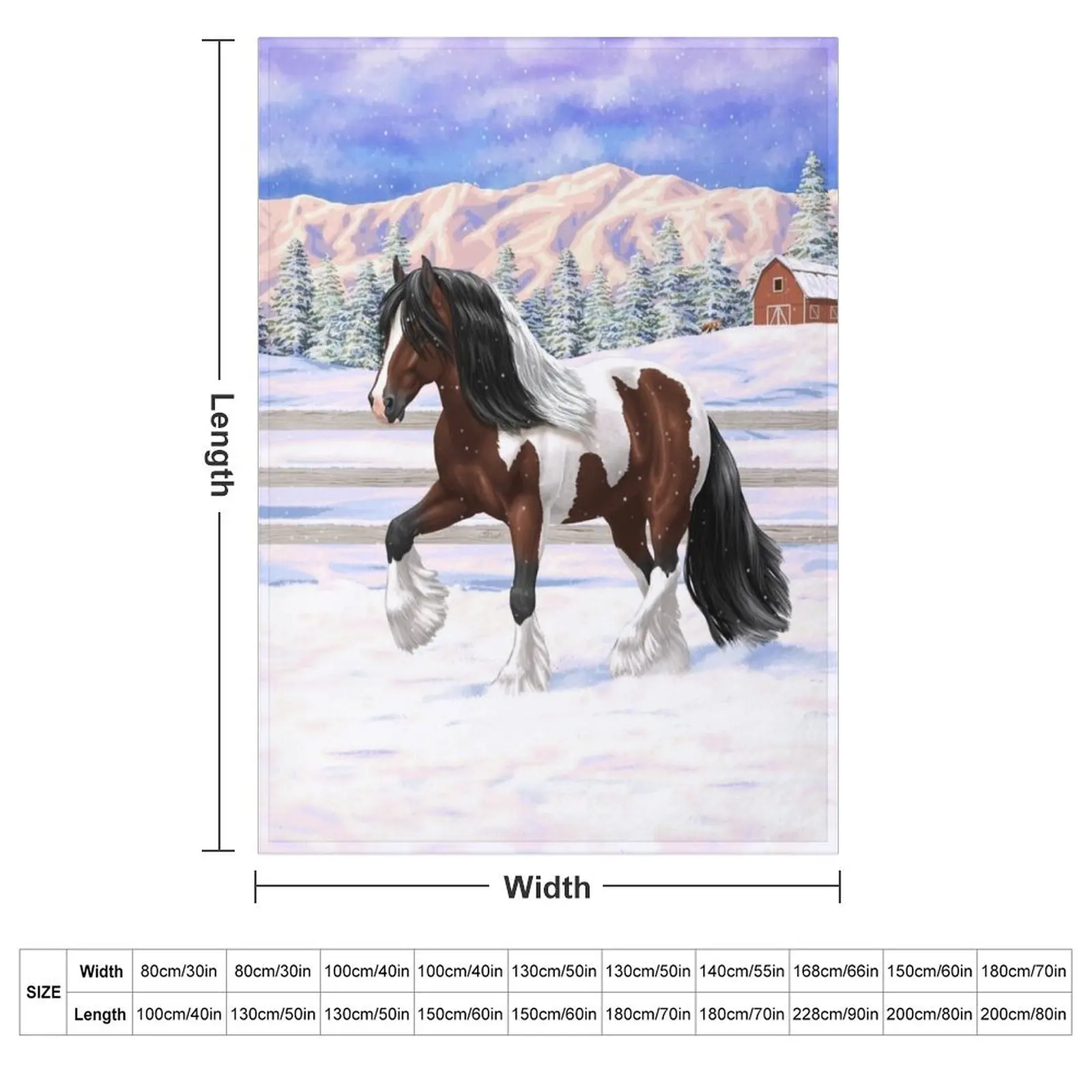 Brown Bay Pinto Skewbald Gypsy Vanner Draft Horse In Snow Throw Blanket Soft Big Decoratives Custom Tourist Furry Blankets