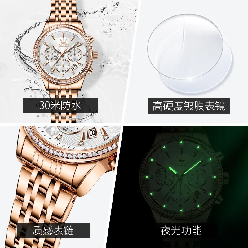 Olevs original Damen uhren Luxus multifunktion ale wasserdichte leuchtende Mode Quarz Kalender Edelstahl armband