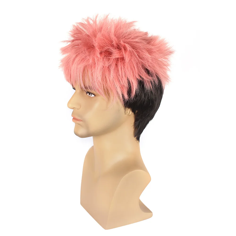 Short Straight Wigs Synthetic Pink Gradient Black Fake Hair With Bangs For Men Heat Resistant Cosplay Costume Anime Daily Wig