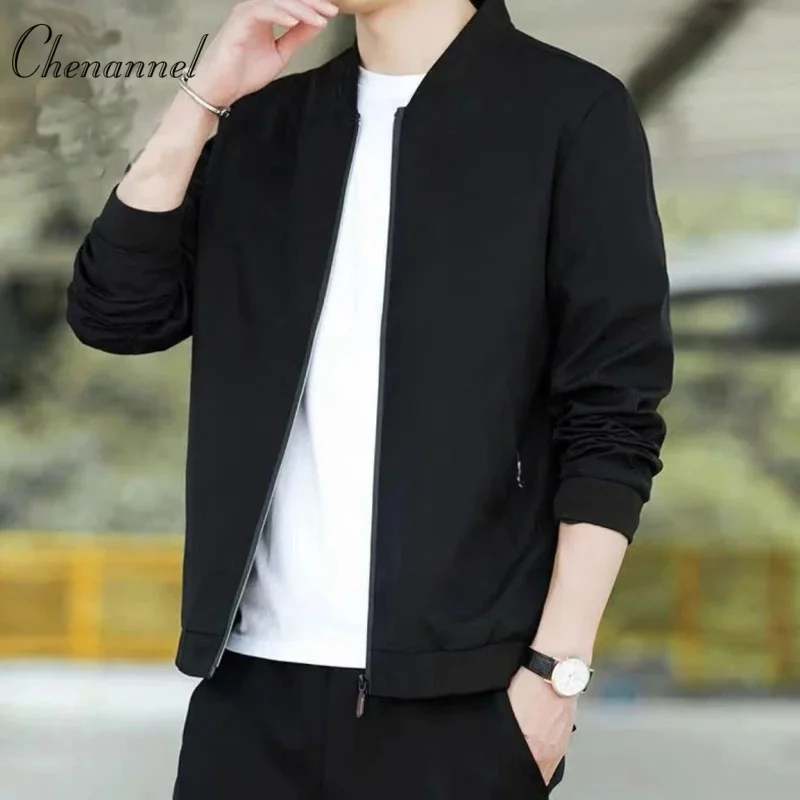 

Мужская куртка с воротником-стойкой на весну и осень, однотонная, облегающая черная, осеннее пальто мужское.