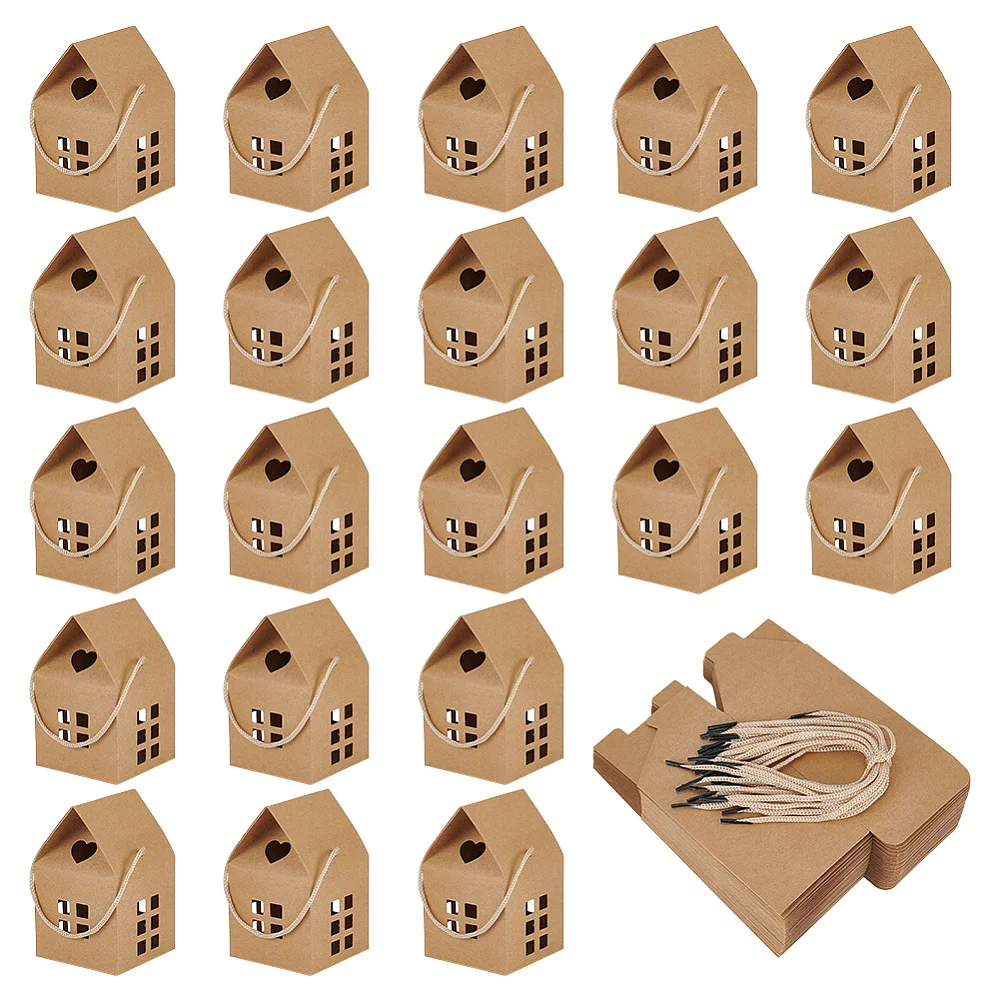 50 Pack House Gift Boxes with Rope Handle 3x3x5 Inch Brown Paper Folding Gift Box for Wedding Party Favors Christmas Treat
