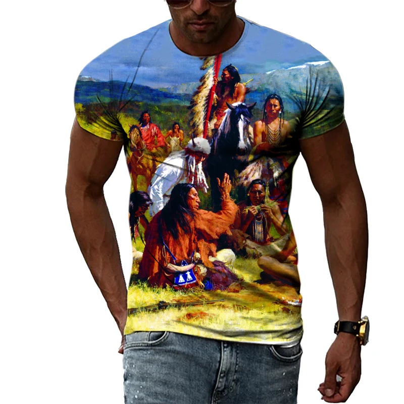 Indian Tribal Chiefs Summer  Personality 3D Harajuku Printing Casual Loose Breathable Round Neck Short-sleeved Men's T-shirt Top