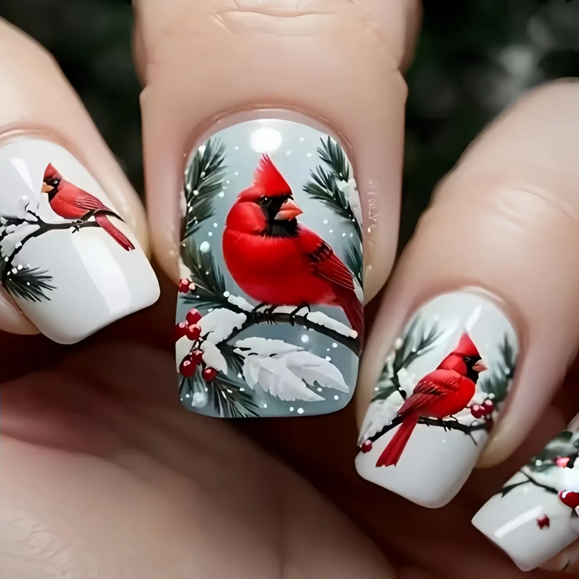 Medium fake nails for women girls red Birds tree Green golden black leaf design Square nail tips press on false nail art set