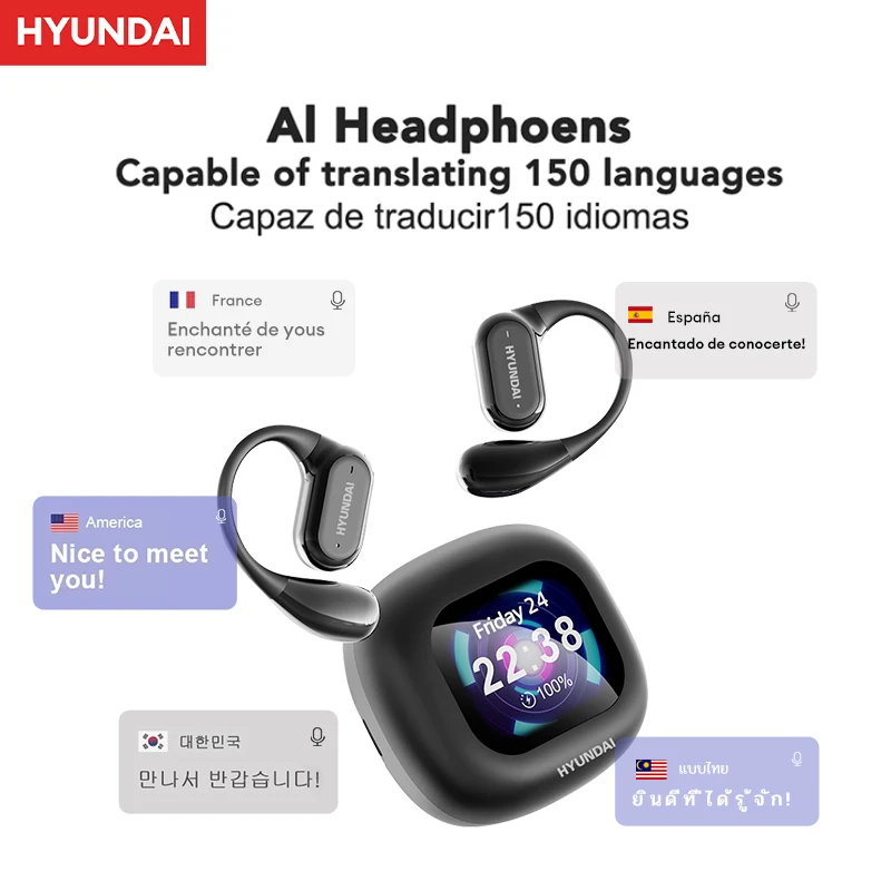 HYUNDAI HY-Q18 AI Wireless BT AI Translation Earphones AI Real Time Earbuds LED Touch DIY APP for Travel Business Learning