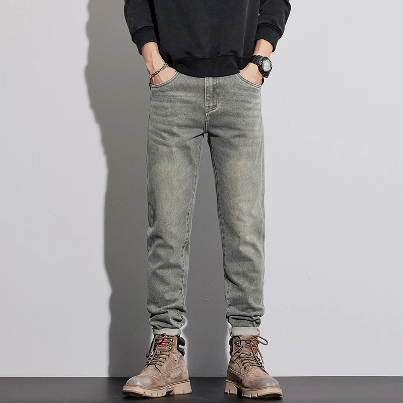 

American Vintage Premium Grey Washed Men's Jeans - Trendy Stretch Slim Fit Casual Denim Pants for Autumn/Winter Collection