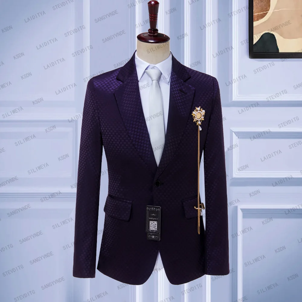 

2023 New Arrival Dark Purple Jacquard Men's Suit Blazers Classic Business Casual Gentleman Formal Groom Wedding Jacket Coat