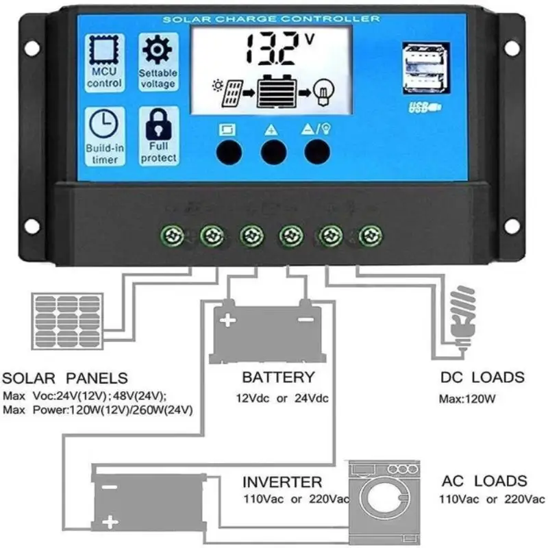 Solar Charge Controller 10A/30A Solar Panel PWM 12/24V Battery Controller LCD Display Regulator USB Accessories Gift