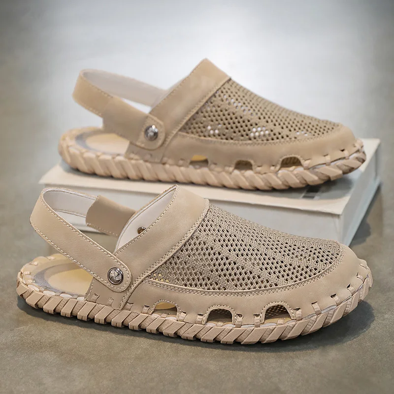 Sandalias de cuero transpirables para hombre, zapatos casuales de verano para senderismo al aire libre, playa, diseñador de moda, deportes de lujo, zapatillas de pescador