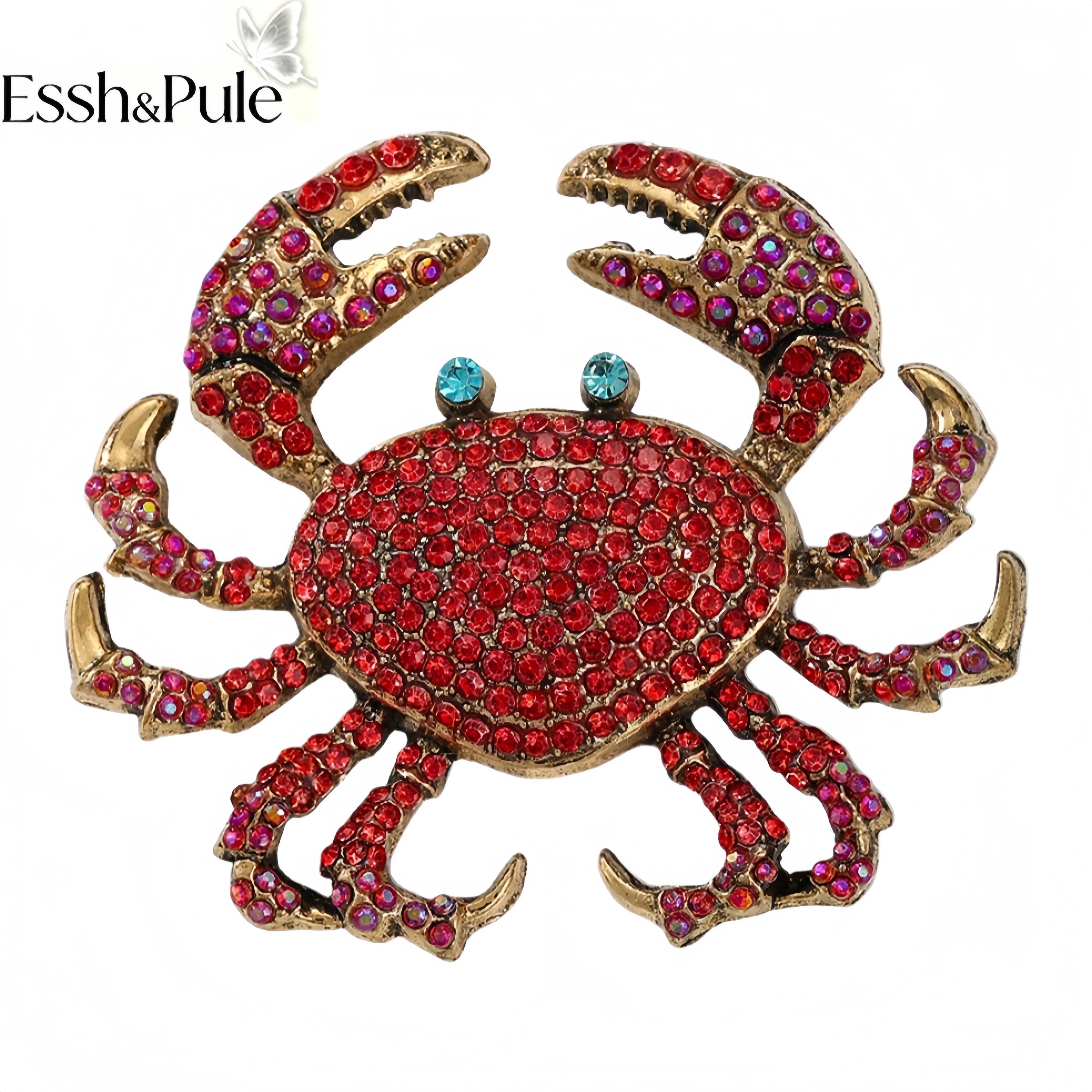 Essh&Pule Luxury Vintage Ocean Crab Brooch Rhinestone Crystal Enamel Animal Lapel Pin Women Summer Beach Casual Coat Jewelry