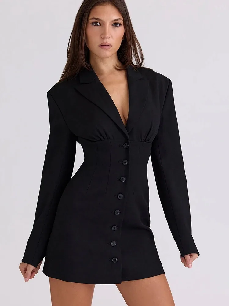 Vestido blazer feminino de manga longa com decote em V sexy, vestido preto de cintura alta com um único estilo de inverno