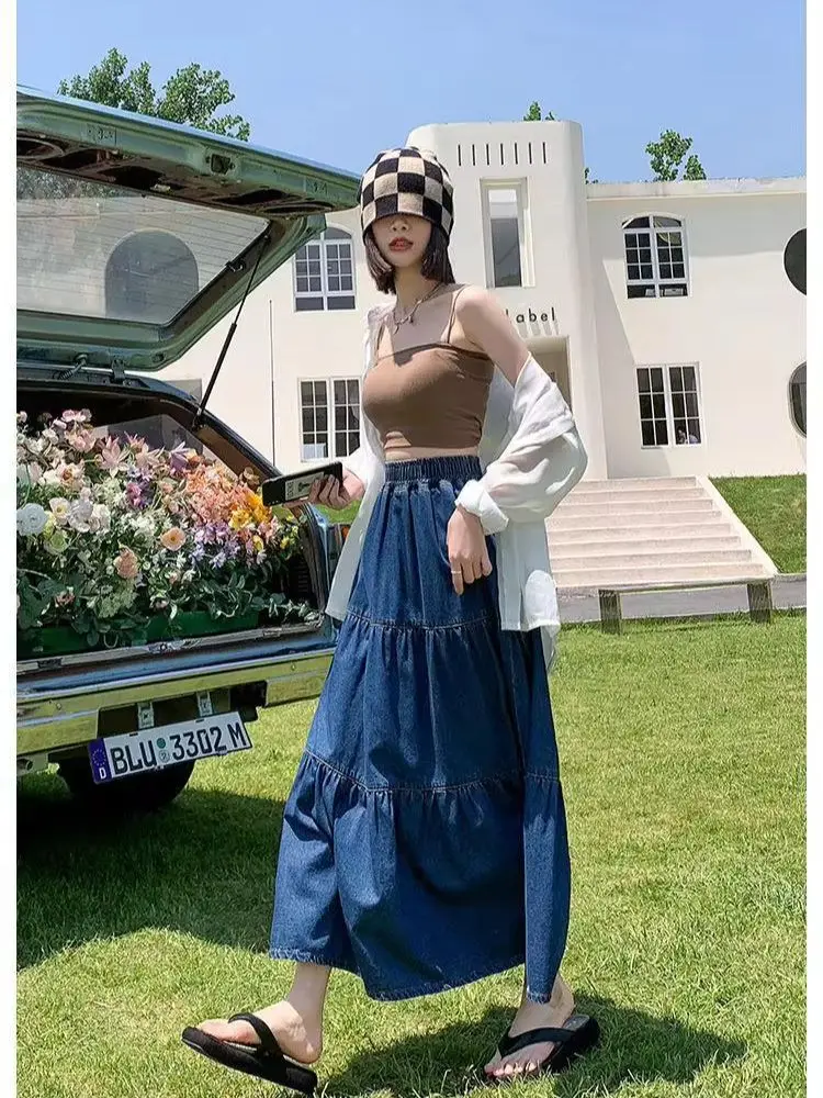 Oversized Retro Denim Skirt Half-length Skirt For Women 2024 New Autumn Ball Gown Loose High-waisted Floor-length Skirts