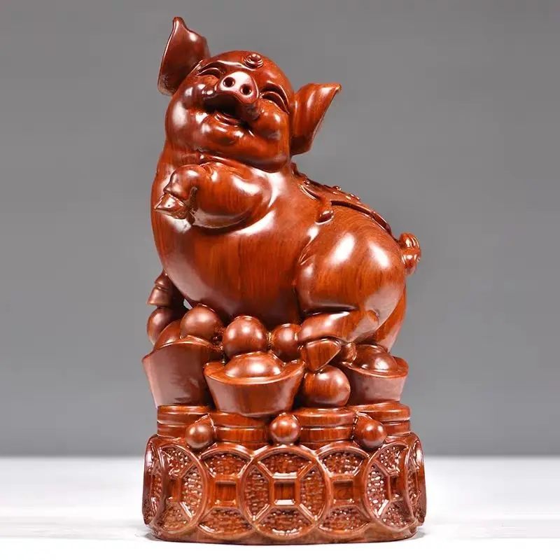 Rosewood Zodiac Pig “Money Pig” Gold Pig Good Fortune Solid Wood Ornament—Home Decor and Feng Shui Artwork