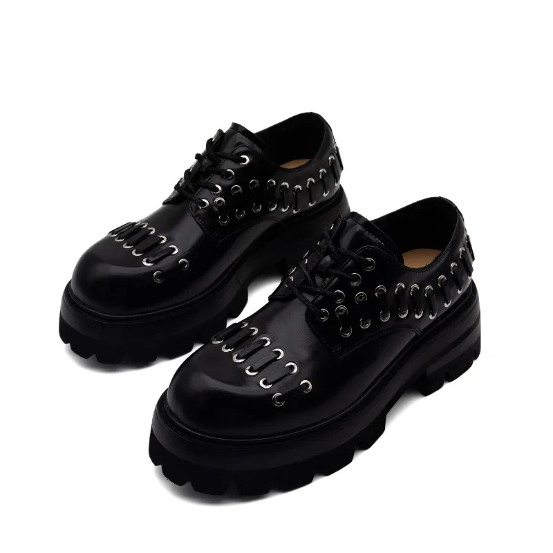 British Style Genuine Leather Thick Sole Height Increase Derby Shoes Men's Cowhide Casual Round Toe Work Leather Shoes Male