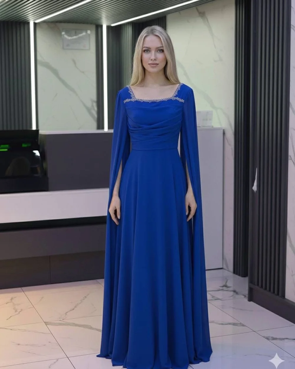 

Customized Matching Modest Chiffon Pleat Draped Beading Sequined A-line Square Neck Long Dresses Evening Dresses for Woman