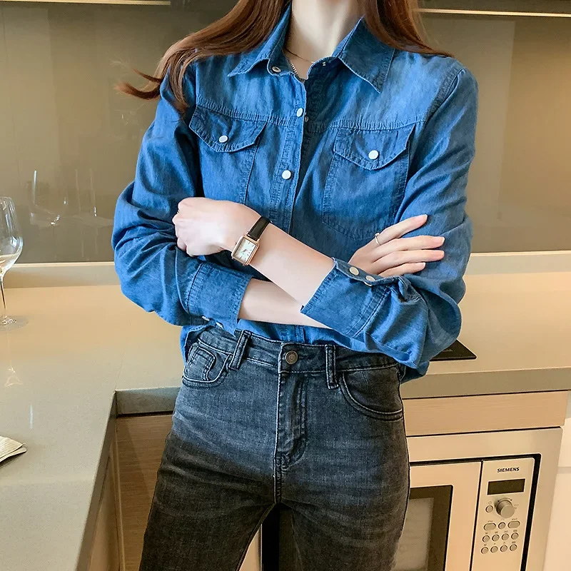 Women Blouses Single Breasted Button Turn Down Collar Denim Shirt Slim Pockets Slight Strech Basics Winter 2025 Solid Color