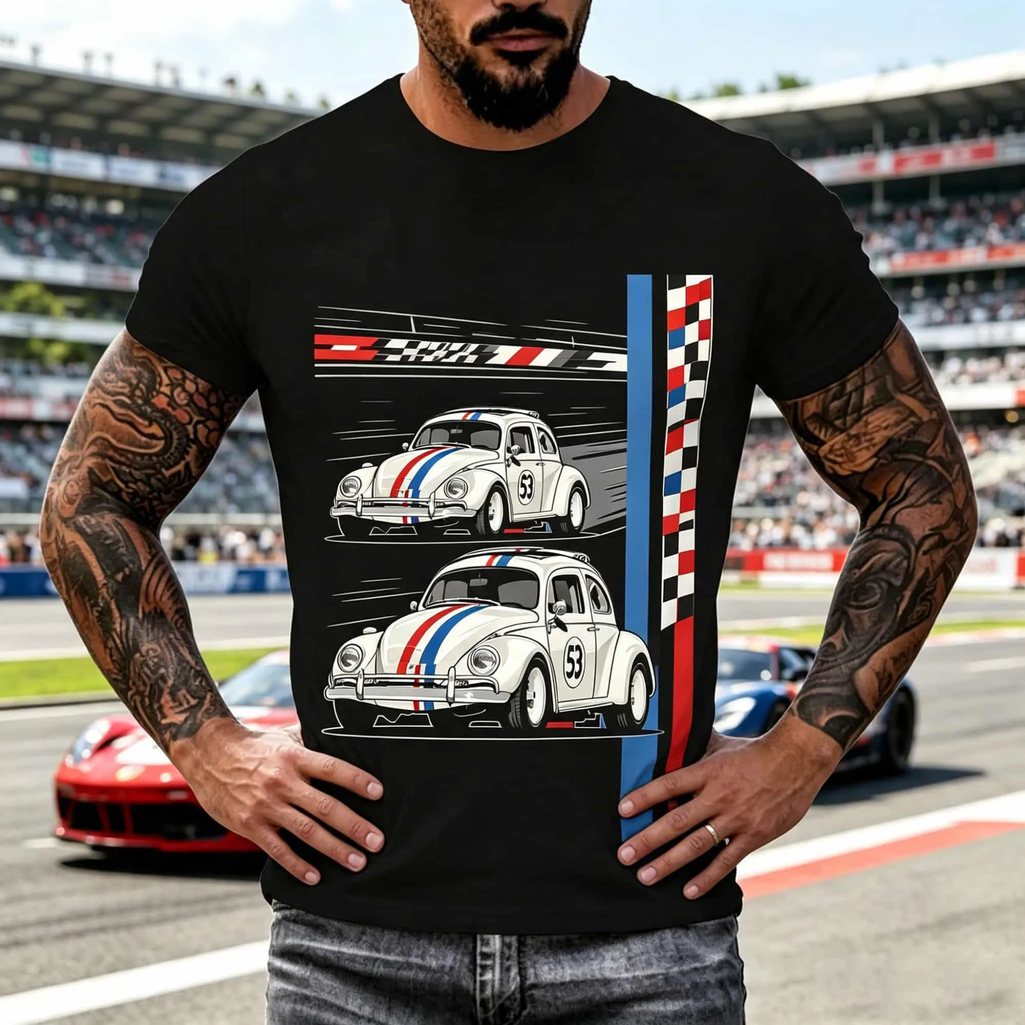 Retro Racing Car Graphic Tee Men Classic Vintage Bug Car Flag Stripes Print Breathable Outdoor Motor Sports Short Sleeve Top