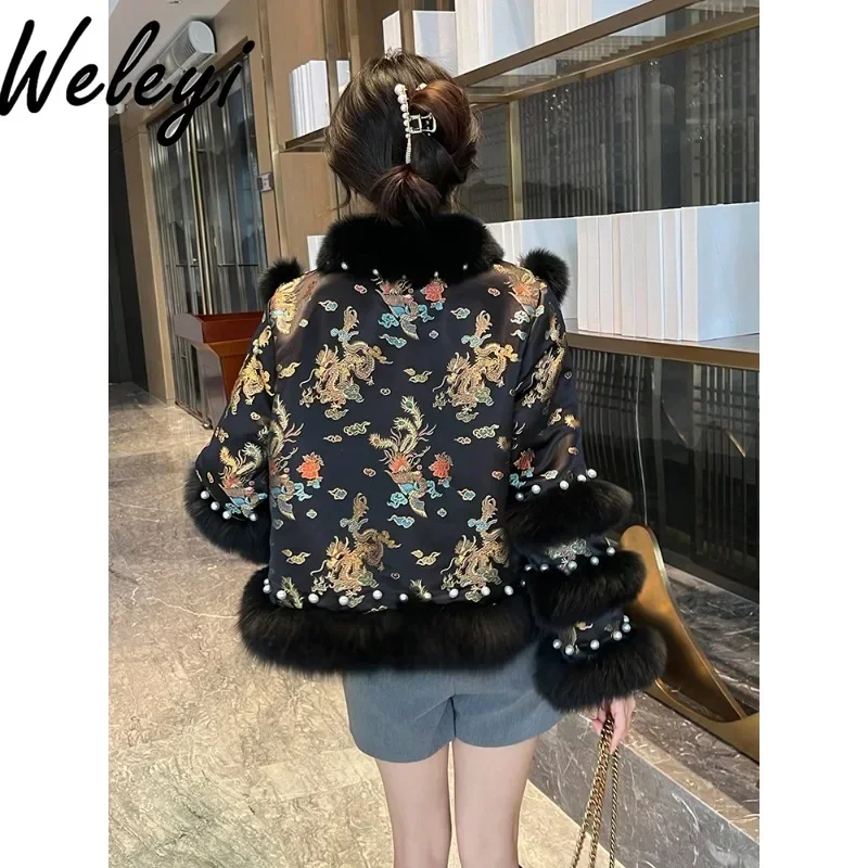 2024 Winter Chinese Style Imitation Fox Embroidery Short Faux Fur Coat Retro Women\'s Beaded Cotton Tang Clothes Fluffy Jacket