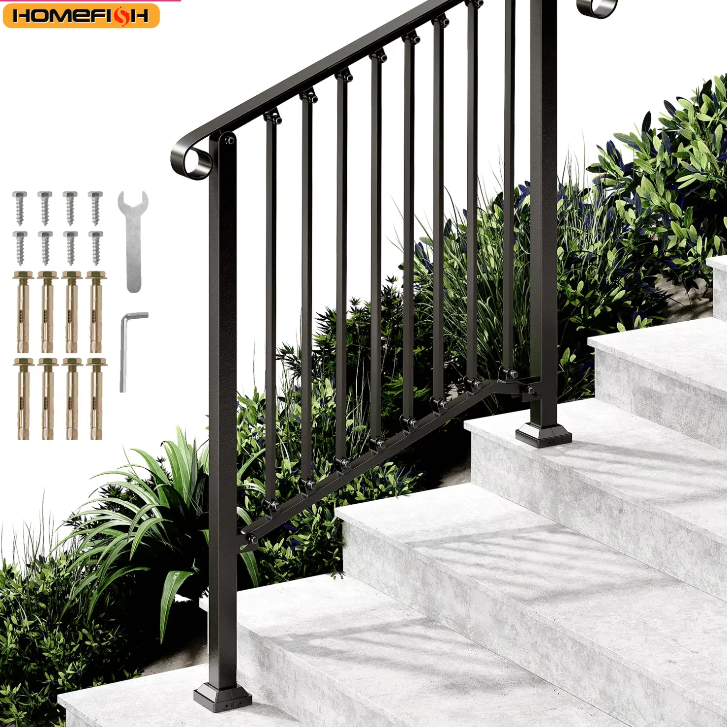 درابزين للخطوات الخارجية تناسب 2-4 خطوات درابزين الدرج الخارجي، درابزين من الحديد المطاوع لخطوات الخرسانة والسلالم الخشبية #1