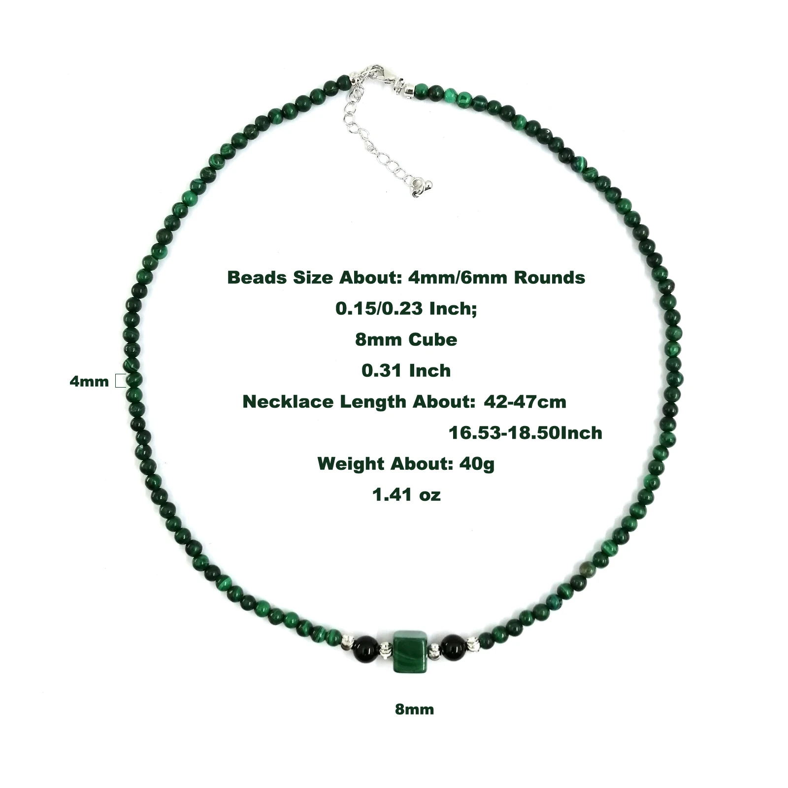 Elegant Malachite Beaded Necklace - Delicate 4mm Malachite Rounds with 8x8mm Square and 6mm Black Onyx Beads Adjustable Length