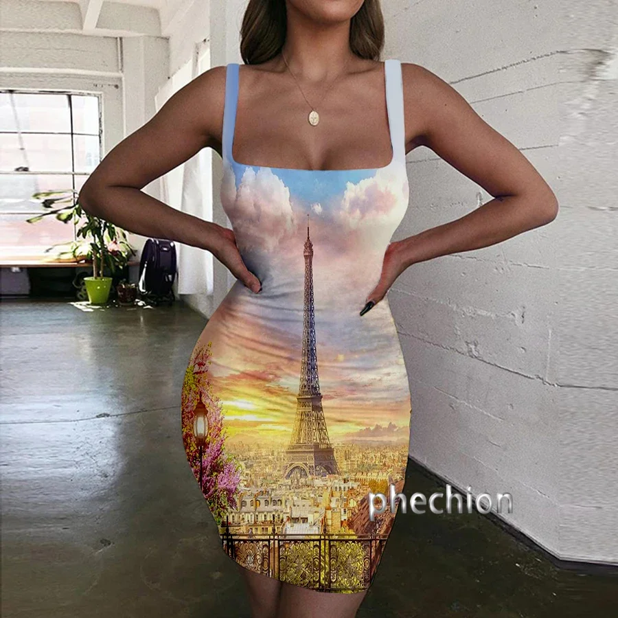 Phechion Eiffel Tower 3D Print Dress Women Halter Sleeveless Fashion Ladies Dresses Novel Sexy Womens Clothing Y15