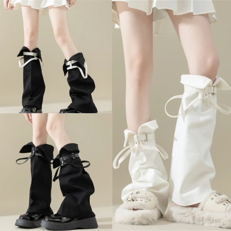 Women Fashion Leg Warmers Y2K Long Leg Socks JK Students Girls Boot Socks Leather Buckle Leg Cover