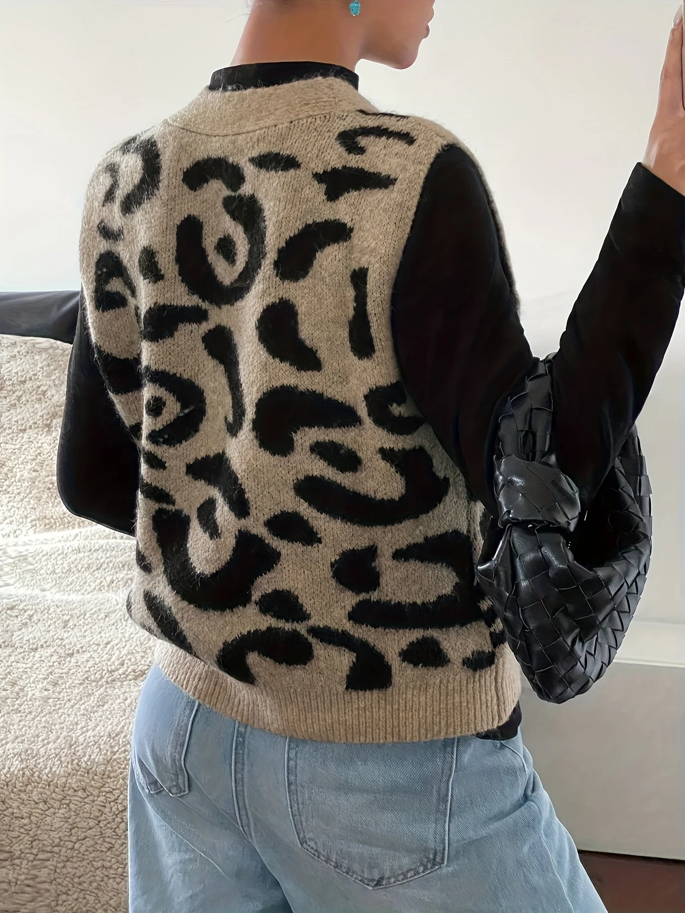 المرأة الجديدة الخريف والشتاء أزياء أنيقة الخامس الرقبة مفتوحة بلاكيت طوق زر أكمام ليوبارد طباعة أنيقة فريدة من نوعها المتخصصة دي