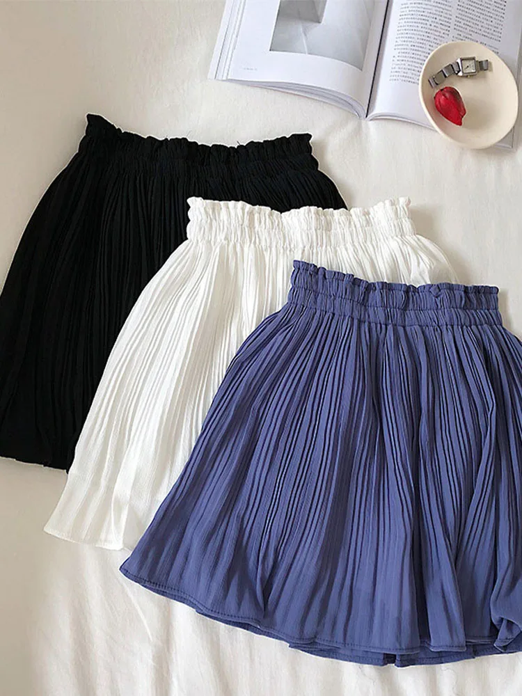 Summer New Women Solid Chiffon Shorts Skirt Fashion Korean Elastic Waist Pleated Casual Beach Skirts