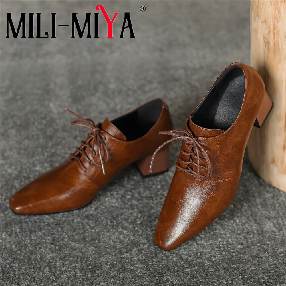 

MILI-MIYA женские винтажные кожаные туфли-лодочки на массивном каблуке, классический ретро-стиль, с квадратным носком, однотонные, на шнуровке, большой размер 34-40, ручная работа