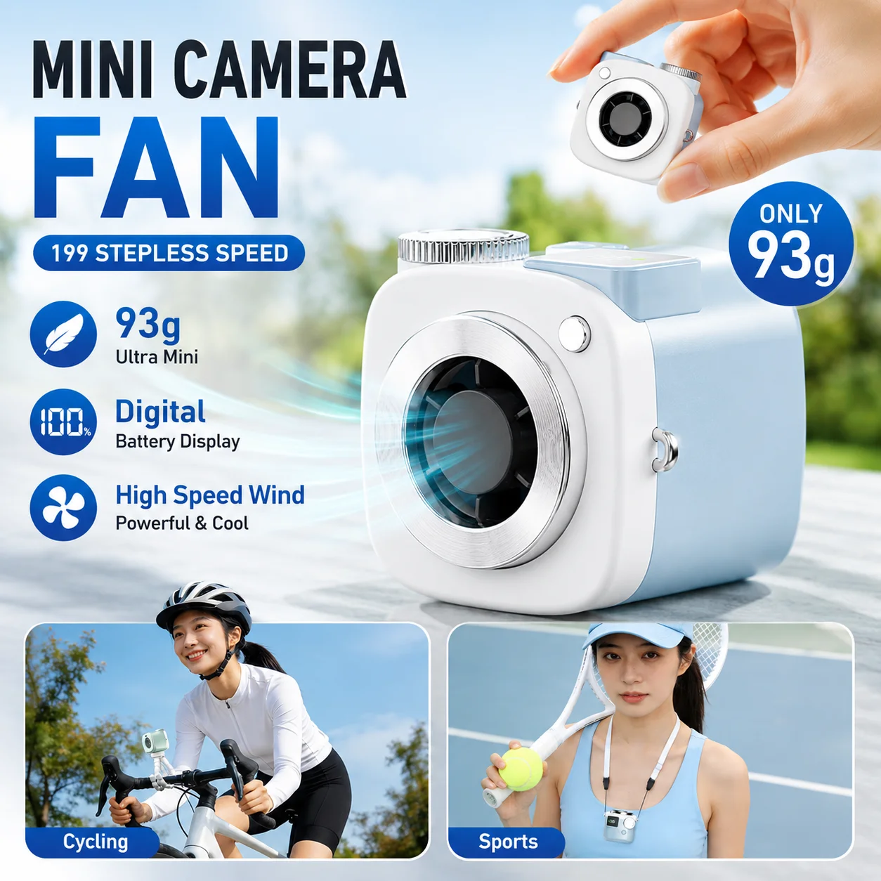 Mini Fan Camera-shaped Portable Silent Bladeless Electric Fan 199-speed Adjustable Outdoor Neck-hanging Handheld Fan 2000mah