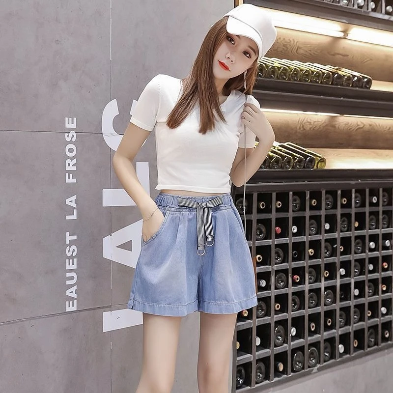 2026 Summer 100kg Comfort Stretch High Waist Loose Denim Shorts Women Thin Fabric Tie Front Hot Pants