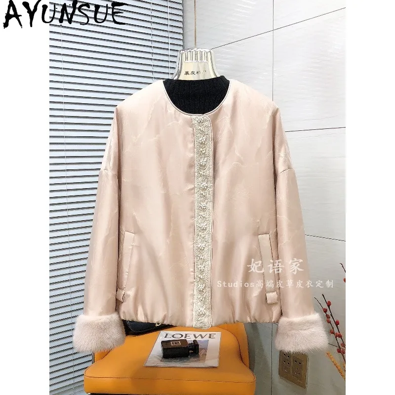 AYUNSUE Heavy Beaded Organza Spliced Mink Fur Coat Woman Autumn Winter Fill with Mulberry Silk Tops Elegant Jacket Woman Clothes