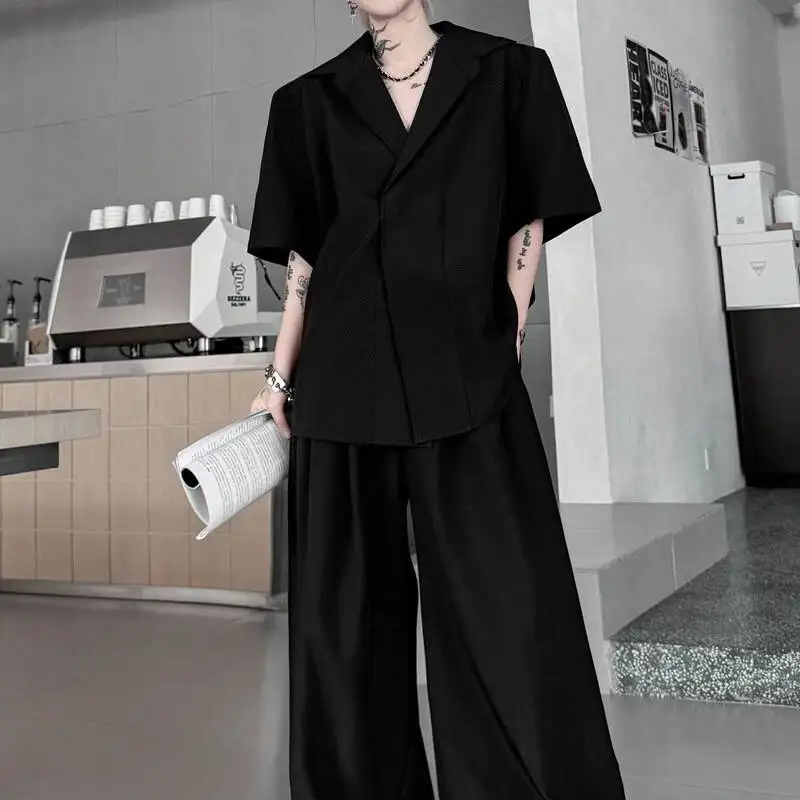 New Black Summer Men's Suit Two Pieces Sets Notched Collar Loose Short Sleeve Shirt And Casual Wide Leg Pants OXYC view 6