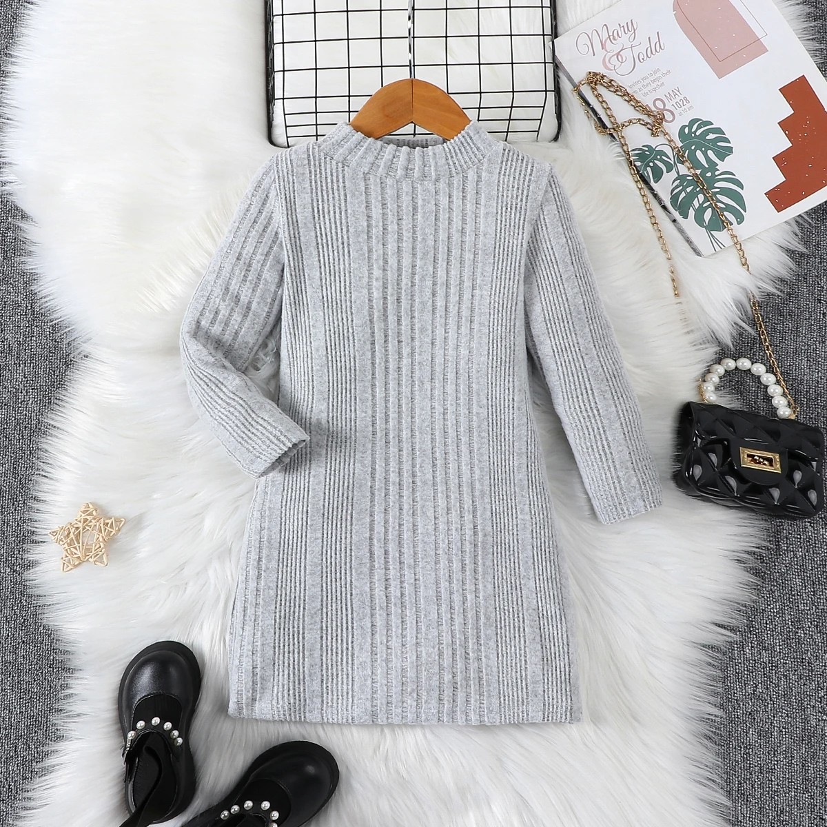 Mädchen Baby Langarm Rundhals Geripptes Freizeitkleid Einteiler für Herbst und Winter (ohne Accessoires) – Detail 2