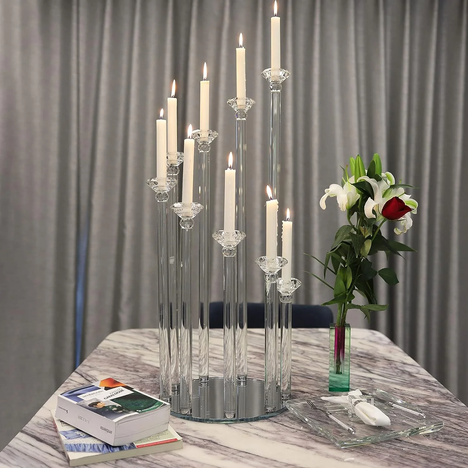 

5pcs)K9 glass crystal Hurricane Table Candelabra 9 Arms Centerpieces Decorations Crystal Candle Holder, for Wedding decor