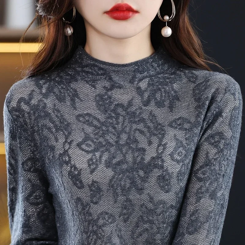 

Autumn Lace Woolen Sweater Wear Knitwear Base Shirt Women's Half High Collar Knitted Cashmere Shirt Mesh Hollow out