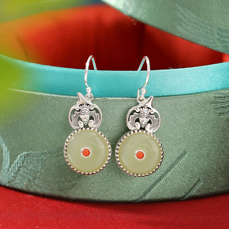 S925 South Red Hetian Jade New Style Blessings Before Eyes Peace Pendant Earrings With Silver Ear Hooks