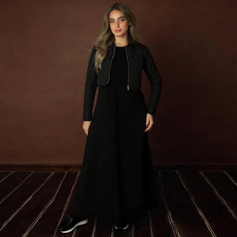 Women cardigan and sleeveless maxi dress outfit casual french terry dress round neck long sleeves zipper winter top XS-XXXL