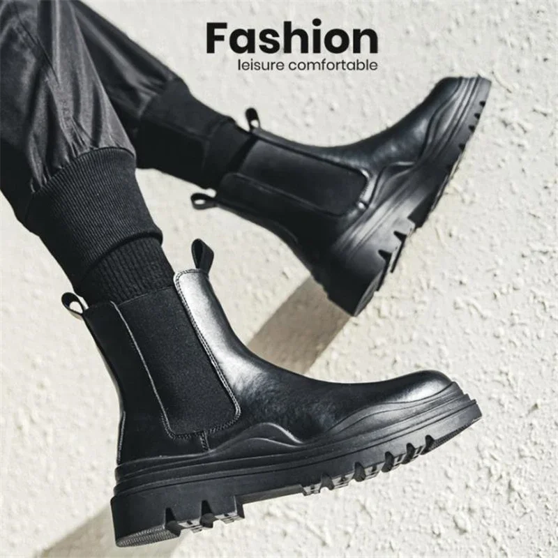 Fashion Mens Sheoes Platform Chelsea Boots Thick Bottom Split Leather Ankle Boots Male Footwear Round Toe Short Boots