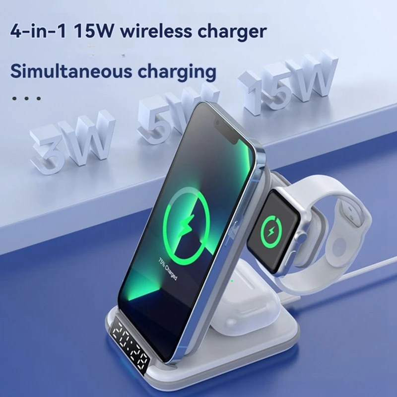 4 in 1 15W LED Fast Wireless Stand with Time Clock Charging Station for Watch Phone Multiple Devices  -Miuai】