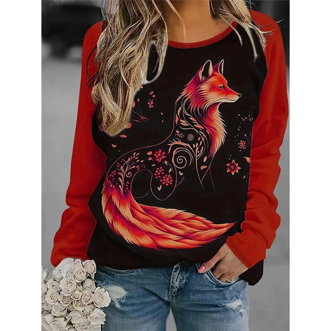 

New Women's Pullover Fox Print Round Neck Long Sleeve Party Autumn Casual Pullover 3D Printing Casual Comfortable Fashion Tops