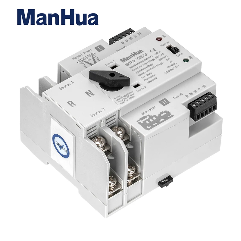 ManHua MATCS-100E/2P 100A 220VAC ATS Dual Power Automatic Transfer Switch PC Type Switch DIN-Rail Mounting Black Handle